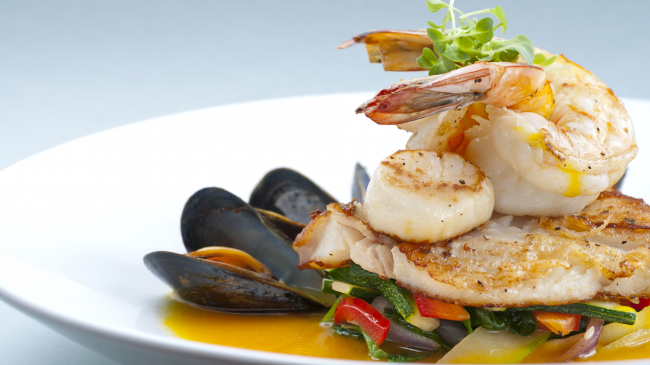 Shrimp, scallop, and fish dish. 