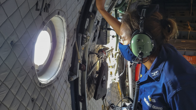 Capt. Rebecca Ore, commanding officer of Sector Los Angeles/Long Beach, assesses water and shoreline impacts along the Orange County coast, Oct. 3, 2021. 