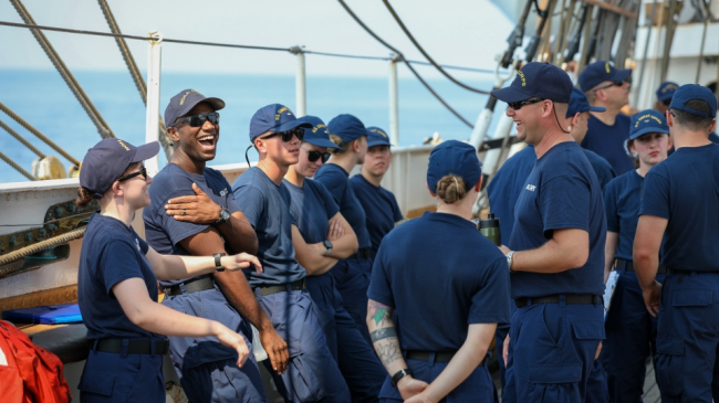 Members of BOTC 138 conducting training exercise along with USCG officer candidates aboard USCG Barque Eagle.