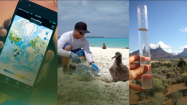 Citizen scientist collage showcasing CrowdMag (a citizen science project that uses your mobile phone), marine debris removal in Hawaii and water sample testing by citizen scientists.