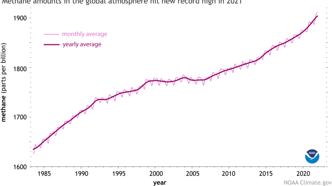 Globally averaged, monthly mean atmospheric methane amounts in parts per billion, based on observations from ocean surface sites since 1983.
