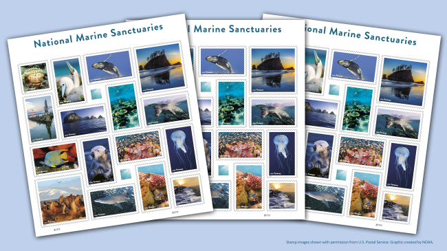 Image showing 3 sheets of the new National Marine Sanctuaries Forever® stamps feature scenes from NOAA’s National Marine Sanctuaries.