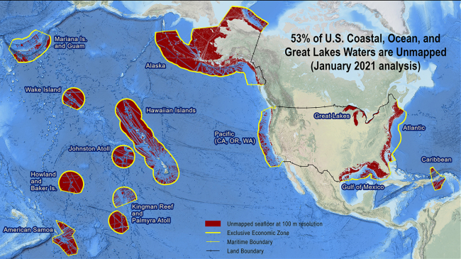 map of north america showing areas of unmapped ocean, coastal, and Great lakes waters - predominent areas in Alaska and the Pacific ocean and smaller areas on the U.S. East coast, the Great Lakes, and the Caribbean and still smaller areas on the U.S. West coast