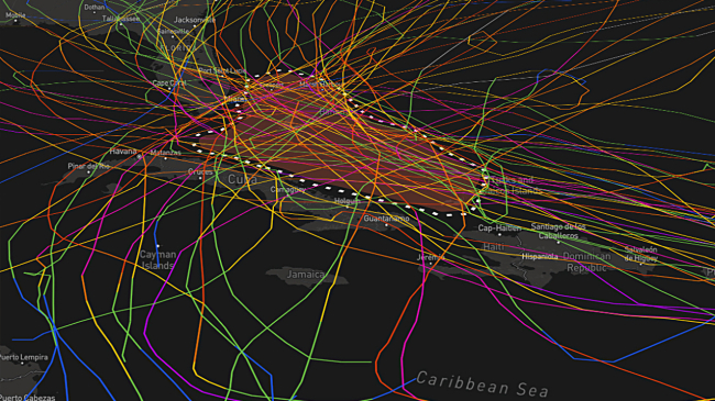 A map of the Bahamas shows dozens of tropical storm tracks, 1900 to the present.