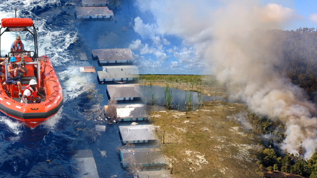 Collage showing drought, wildfire and flooding.