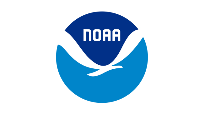 NOAA Logo, featuring a white bird separating two fields of blue, darker on top, lighter on bottom. The word NOAA, sits in the darker blue field above the bird.