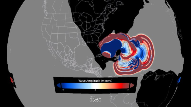 Screenshot of a simulation demonstrating data from asteroid impact that likely  wiped out nearly all the dinosaurs and roughly three-quarters of the planet’s plant and animal species.