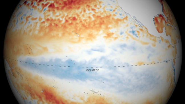 Globe-style map of sea surface temperature patterns January 2023.