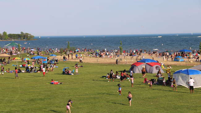 Dozens of summer visitors at the beach.