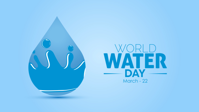 A drop of water with text to the left that says "World Water Day March 22"
