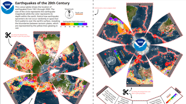 A printable page with cutout lines and intructions to make a 3D globe that has data on earthquakes of the 20th century.