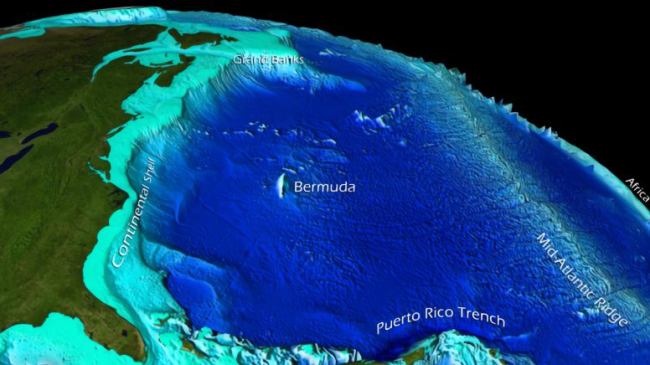 This visualization depicts bathymetric features of the western Atlantic Ocean Basin, including the continental shelf, captured by satellite.