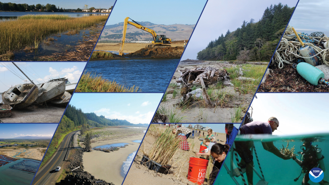 A photo collage of just some of the projects being recommended for funding under the Bipartisan Infrastructure Law/Inflation Reduction Act and NOAA's Climate-Ready Coasts initiative.