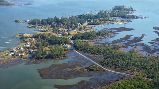 Aerial view of Stump Point area in Hayes, Virginia, part of the Middle Peninsula, on a flyover with SouthWings.