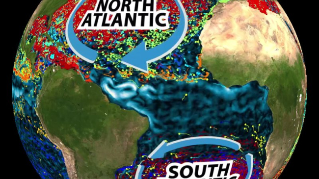 A Science on a Sphere dataset showing ocean gyres and marine debris data.
