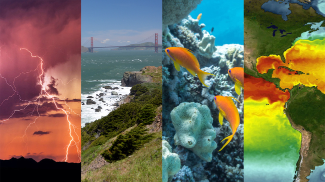 Collage showing examples examples of weather, ocean, fisheries habitat and climate priorities for interdisciplinary research.