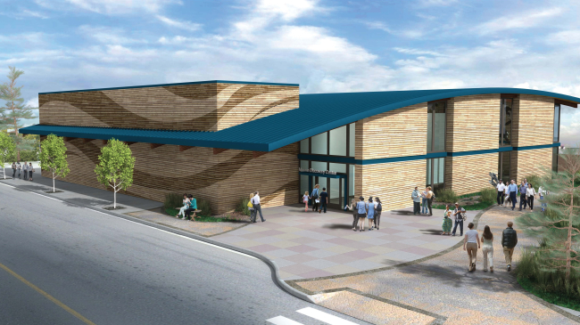 Artist rendering of a new visitor center in Port Angeles, Washington, for Olympic Coast National Marine Sanctuary. NOAA is investing $3 million from the Inflation Reduction Act to support the construction of the facility, a collaboration with the Feiro Marine Life Center.