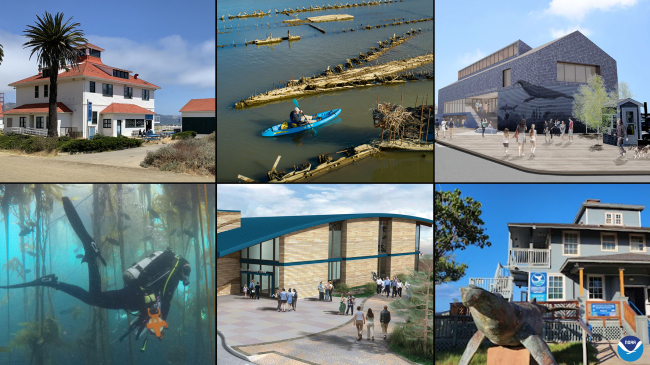 A collage showing from top left to right, clockwise: Greater Farallones and Cordell Bank, Mallows Bay-Potomac River, Stellwagen Bank, Olympic Coast, Monterey Bay and Hawaiian Islands Humpback Whale National Marine Sanctuaries. A nearly $50 million investment from the Inflation Reduction Act will go towards infrastructure improvements for facilities at six national marine sanctuaries across the country. 
