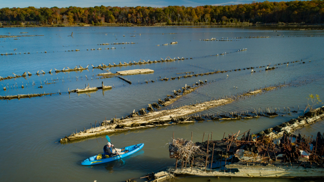 Aerial view of Mallows Bay-Potomac River National Marine Sanctuary, where NOAA is investing $5 million from the Inflation Reduction Act to support pre-construction and design requirements for a sanctuary visitor center in Charles County, Maryland. The new interpretive center would help make the sanctuary more accessible to the public, including diverse and historically underserved communities, by providing a place for people to learn about the sanctuary and related cultural and Native American heritage.