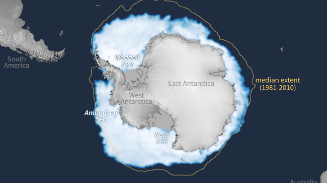 Adapted from NSIDC’s Sea Ice Index, this map shows sea ice concentration on June 27, 2023. Concentration is color coded, with white representing solid ice and dark blue representing open ocean. For reference, this map includes the median ice edge for 1981–2010: half of the years had smaller extents, and half had larger on this date.