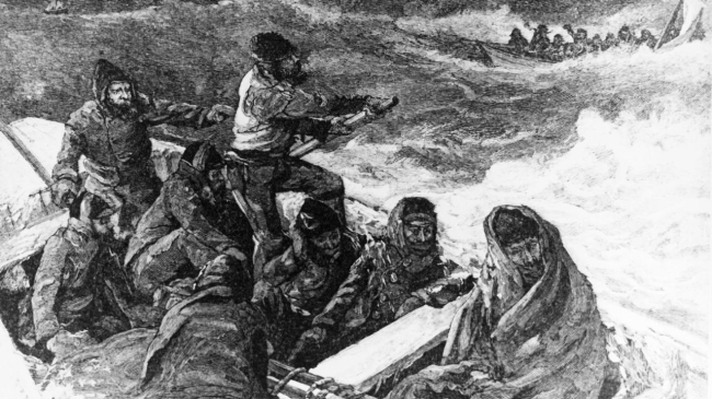 Woodcut engraved by George T. Andrew after a design by M.J. Burns, depicting USS Jeannette.