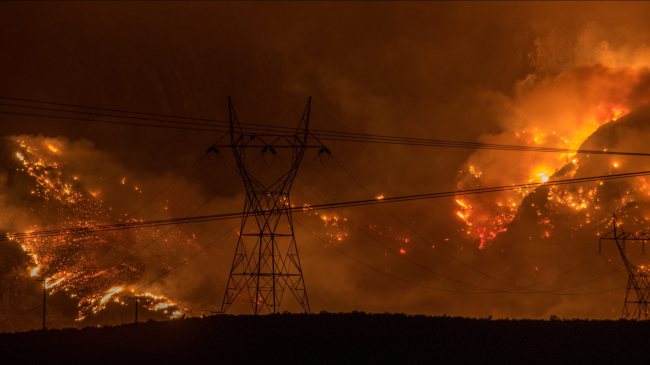 Smoky view of wildfire burning with power lines in the foreground.