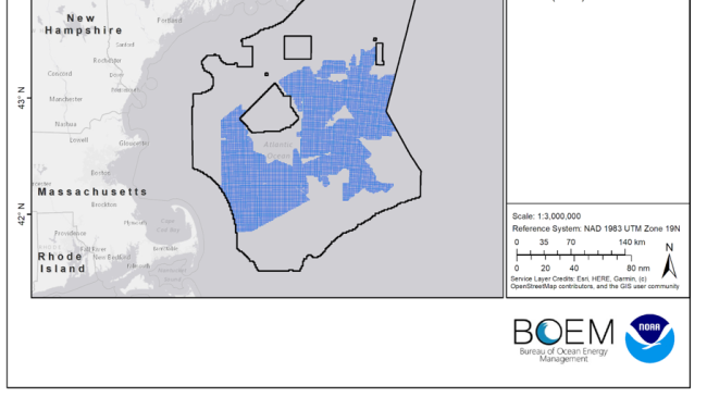 Map of the Gulf of Maine showing the Call Area outlined in black and Draft Wind Energy Area colored in blue