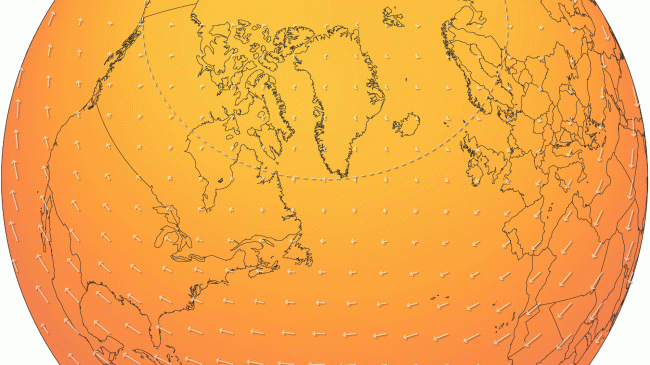 Still of an animation featuring the seasonal cycle of polar vortex temperatures and winds.