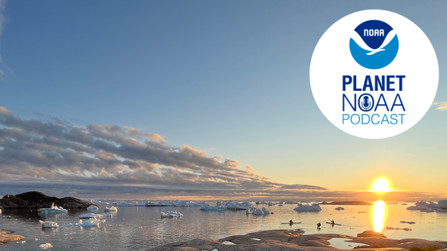 Sun setting over rocky and icy shores of Greenland with Planet NOAA logo