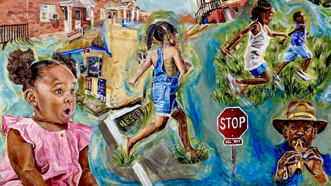 Oil painting depicting National Park Ranger Shelton Johnson playing an instrument welcoming children to the natural world. 