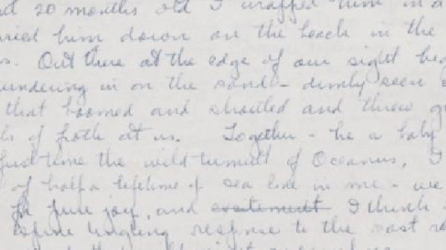 photo of a passage from a handwritten cursive manuscript from an early draft of Rachel Carson's The Sense of Wonder (1965)