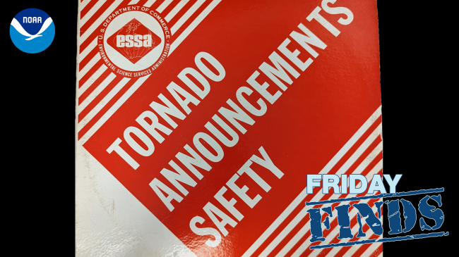 Photo of the Tornado Safety Announcements record cover. The cover reads, "TORNADO SAFETY ANNOUNCEMENTS" on a red background. It has diagonal red and white lines covering the upper left and lower right corners and the ESSA logo in the upper left.