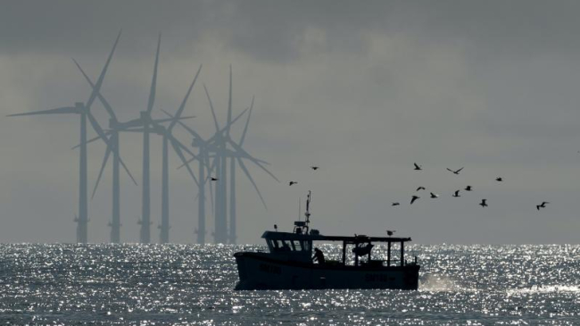A small fishing vessel near wind turbines.