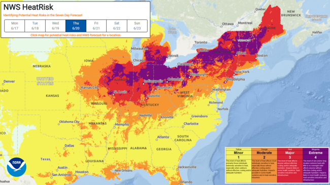 Map of the United State showing the heat risk forecast for June 20, 2024, with different color areas indicating different levels of risk.