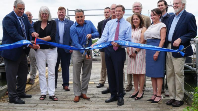 A ribbon cutting ceremony for the new oyster breeding center in Milford, Connecticut on June 24, 2024.