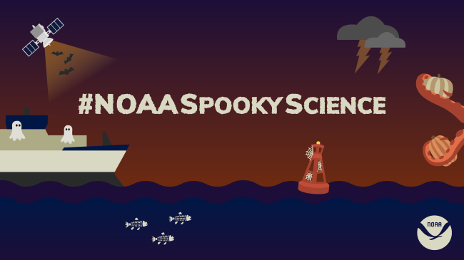 A graphic with the text #NOAASpookyScience surrounded by imagery of a ship with ghosts floating on it, skeleton fish swimming in the ocean, a satellite shining a beam onto a group of bats, lightning clouds, a buoy covered in spiderwebs, and tentacles holding pumpkins.