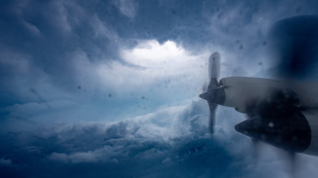 View from navigator's station aboard a NOAA hurricane hunter plane in the eye of Hurricane Milton. Taken approximately 10 a.m. on October 9, 2024. Lieutenant Commander Andrew Utama, NOAA Corps.
