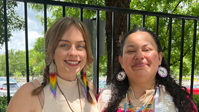 Amanda Croteau and her friend Maria Elena at a Sacramento State Native American graduation ceremony. 