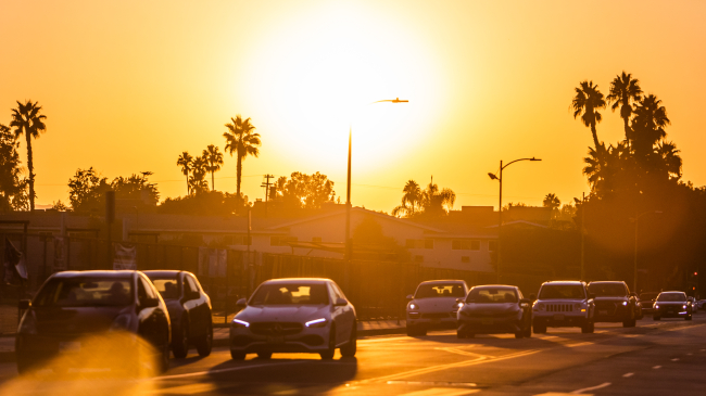 OCTOBER 3, 2024: Vehicles passing along the 101 Freeway in Los Angeles, California, during a triple-digit heatwave throughout Southern California.