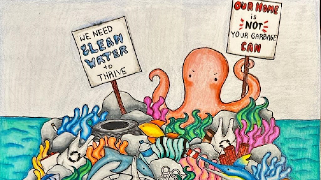 Marine Debris Art Contest winner 2023; An Octopus with picket signs on top of a pile of debris in the ocean