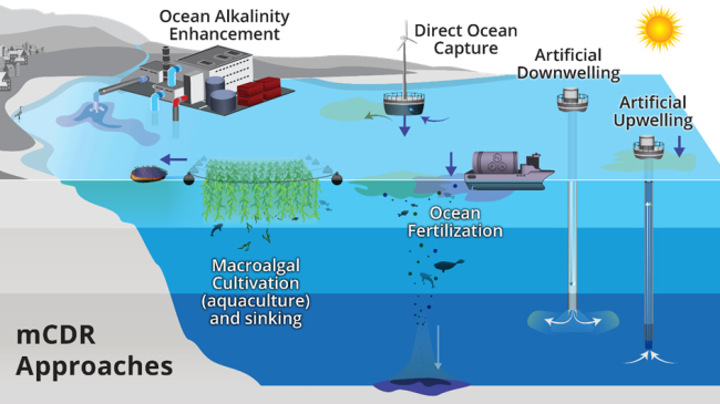 Image showing that there are many possible approaches to marine carbon dioxide removal, including ocean alkalinity enhancement, direct ocean capture, artificial downwelling, artificial upwelling, ocean fertilization and macroalgal cultivation. Credit: Pacific Marine Environmental Laboratory/NOAA