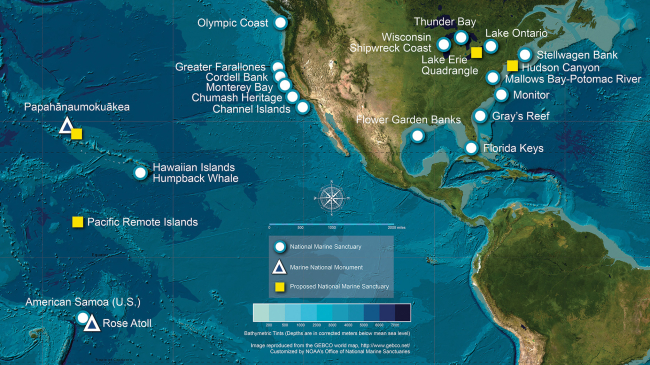 National Marine Sanctuary System Map showing the locations of all 17 National Marine Sanctuaries and both marine monuments.