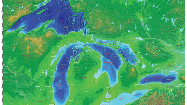 A map of the Great Lakes region showing lake depths for each lake, with labels for each lake and surrounding U.S. states, Canadian territories, and major cities.