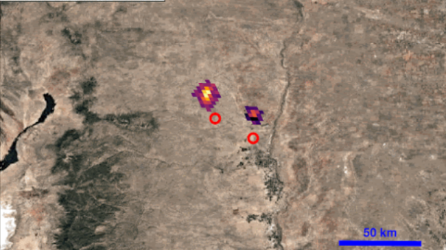 NOAA’s GOES-16 satellite captured methane released from two pipeline valves during a planned blowdown event. The methane plumes are estimated to be confined to the lowest 300 to 600 meters in the atmosphere with a width of 2 to 8 kilometers, as estimated by ground-based Lidar observations.
