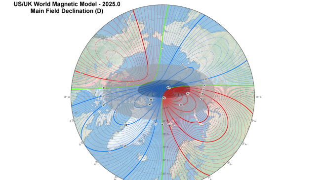 US/UK World Magnetic Model 2025. Arctic polar stereographic images of declination with the north dip magnetic pole and blackout zone indicated.