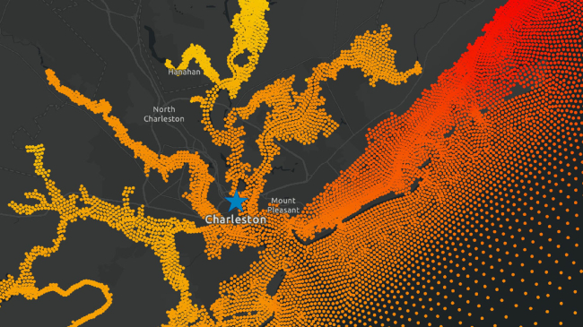  Map with dots representing maximum water level data provided by CORA. This dataset provides greater coverage for the Charleston, SC area compared to NOAA’s Charleston, SC tide gauge represented by the blue star.