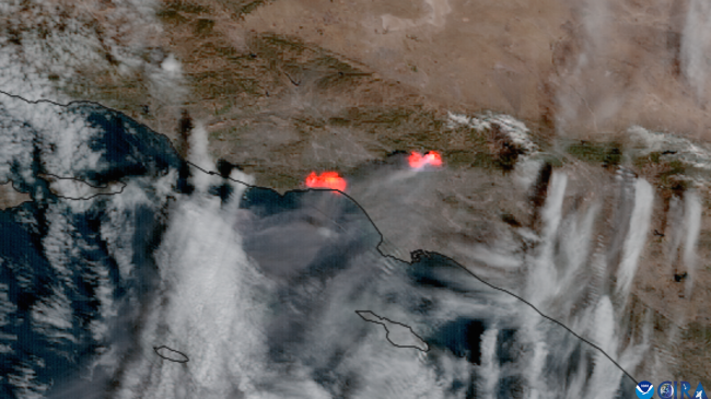 An image from NOAA's GOES-18 satellite of the Palisades Fire and Eaton Fire burning in Southern California on January 8, 2025. (Image credit: NOAA)