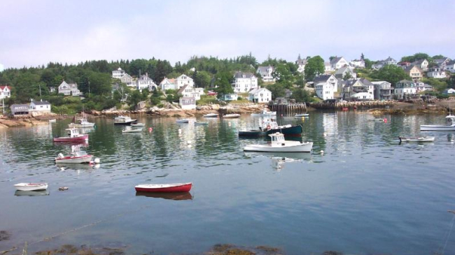 Boats in a harbor in Stonington, Maine.