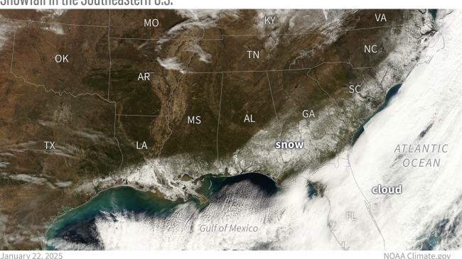 After the storm clouds cleared on January 22, 2025, satellites captured an unusual sight: a swath of snow arcing around the Gulf Coast and the Atlantic Southeast. 