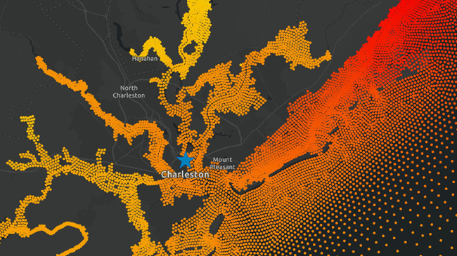This image from CORA captures historical maximum water levels for the entire South Carolina coastline. Water-level observations were previously only available from one location, a tide gauge represented by the blue star in the image. The CORA dataset fills gaps in water level observations between tide stations providing historical water levels at each of the red, orange, and yellow dots, spaced every 500 meters along the coast.